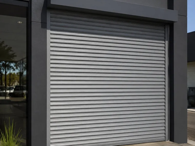 Porta de aço recém-instalada em fachada comercial moderna