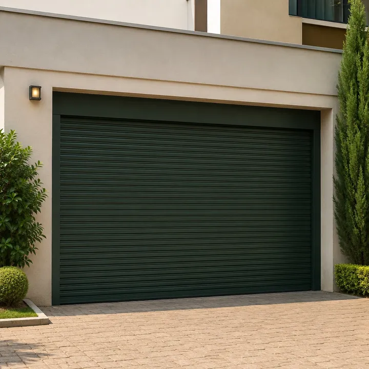 Porta de aço verde em garagem residencial