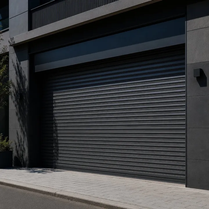 Porta de aço escura em fachada comercial