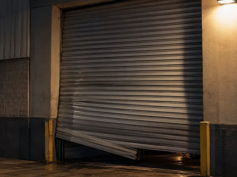 Porta de aço danificada e fora do trilho durante a noite