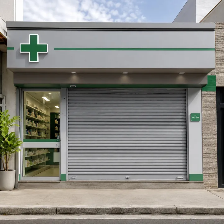 Porta de aço cinza em fachada de farmácia